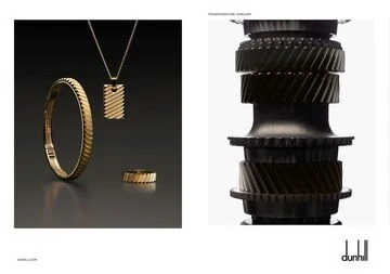 A gold jewelry set consisting of a bracelet, necklace, and ring is featured on the left, contrasted with a metal gear component on the right.