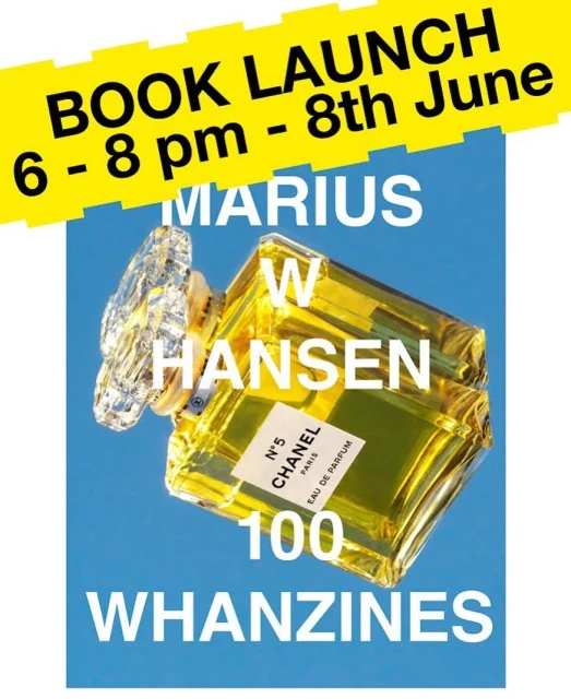Image for a book launch event with a square perfume bottle in the center, text overlay, and bright yellow and blue background.