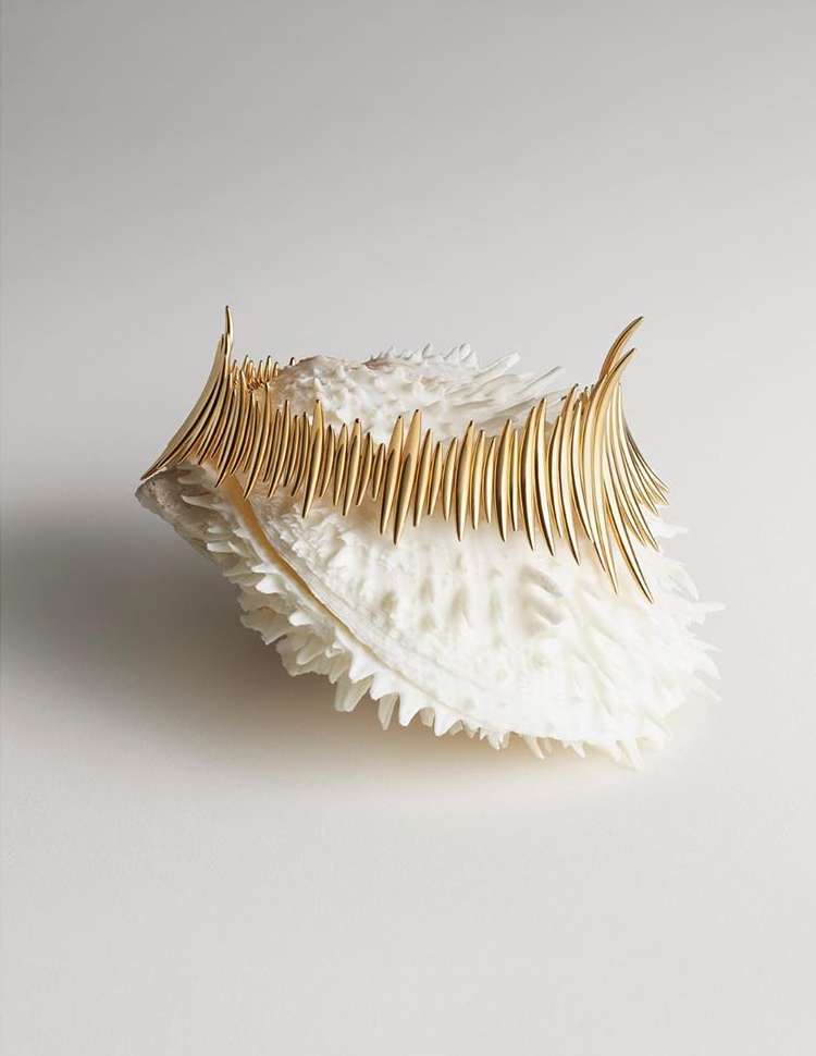 Still life shot of a gold, spine-like necklace displayed on a textured white shell against a light gray background in a studio setting.