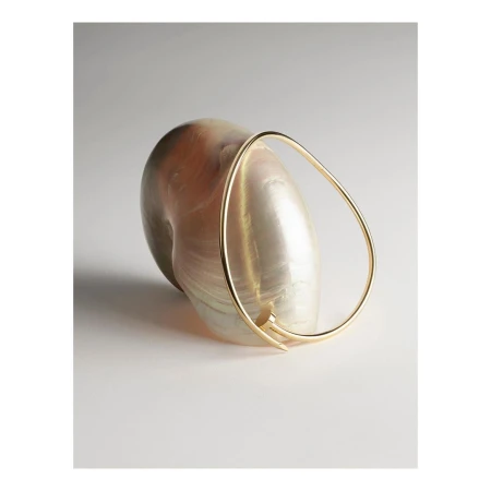 Gold bracelet rests against a large iridescent seashell on a pale grey background, creating an elegant and minimalist composition.