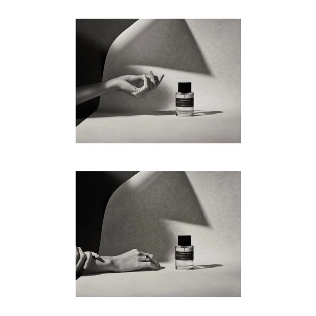Two close-up studio shots featuring a hand and a glass perfume bottle, set against a cream and black backdrop, accented by soft, natural lighting.