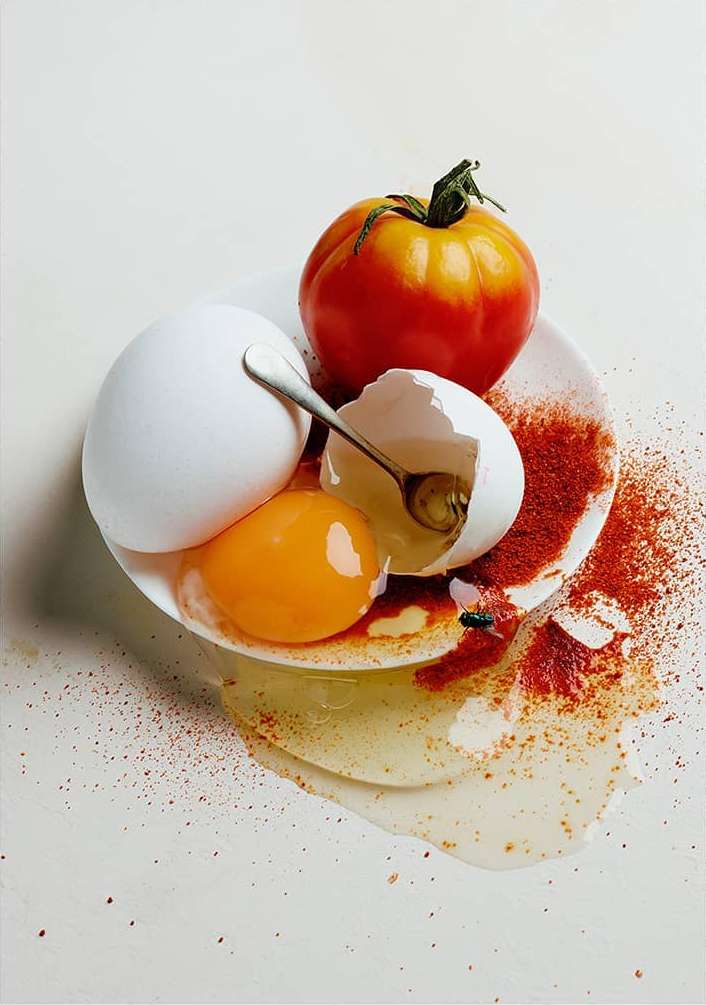 Still life photo features eggs, a sliced tomato, and red spice on a small white plate against a clean white background with natural lighting.