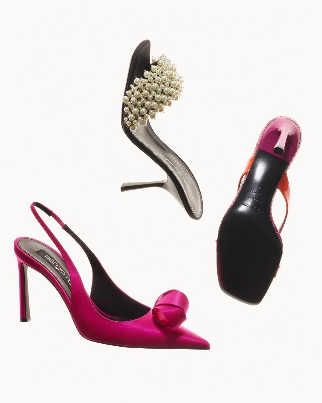 Three fashionable women's high-heel shoes on a white background, featuring designs with pearls, bows, and sleek slingback styles.