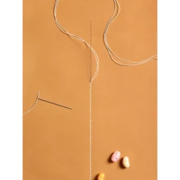 White thread stitched through a brown paper background with a needle and three pastel jelly beans.