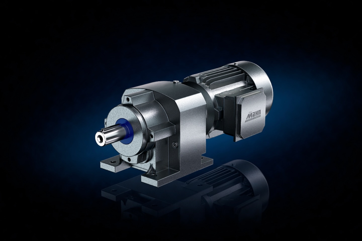 Industrial electric motor showcasing its metallic components, shaft, and robust design against a dark background with reflection.