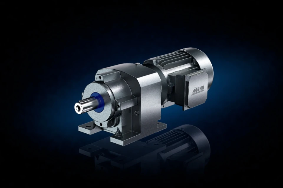Industrial electric motor showcasing its metallic components, shaft, and robust design against a dark background with reflection.