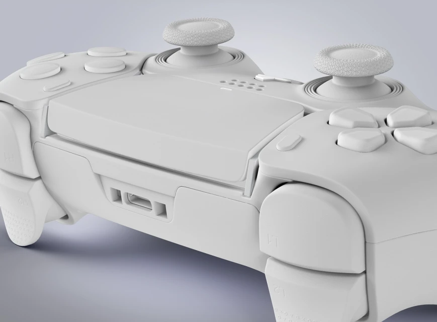 Monochromatic, digitally rendered image of a white gaming console controller features textured joysticks and an ergonomic design.