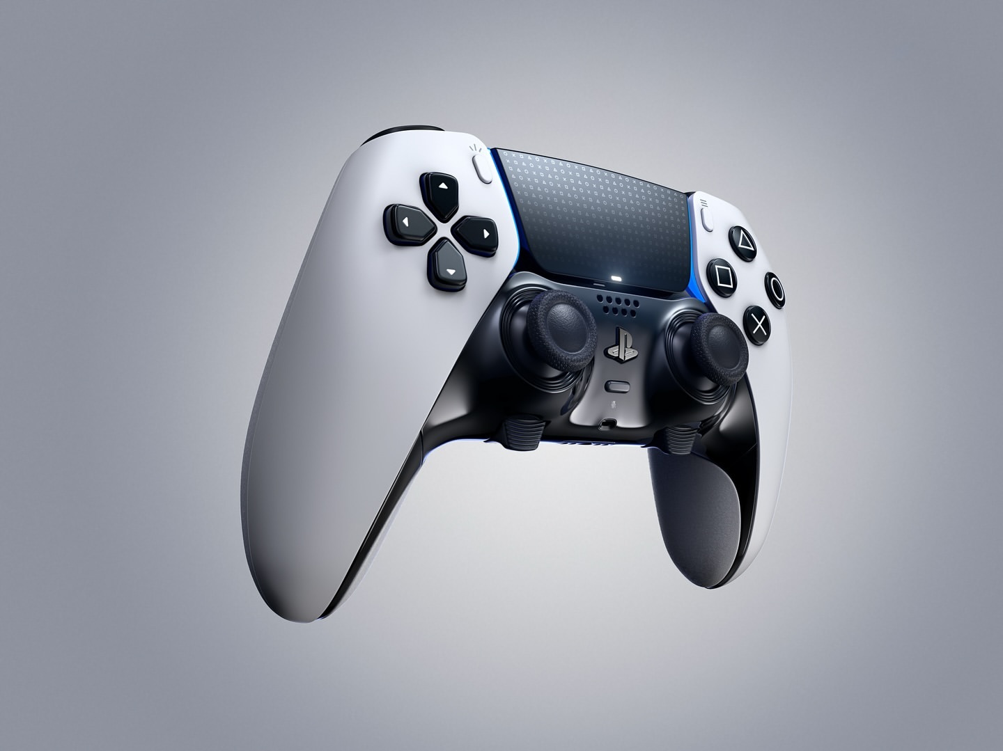 Floating PlayStation 5 DualSense Edge controller on a gray gradient background, showcasing its white and black design with signature buttons.