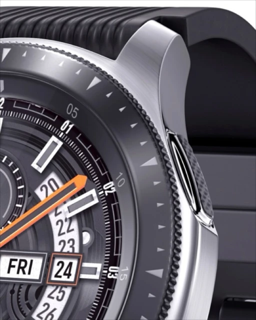 Close-up of a smartwatch face displaying the date 'FRI 24,' featuring a sleek gray and black design with orange hand accents.