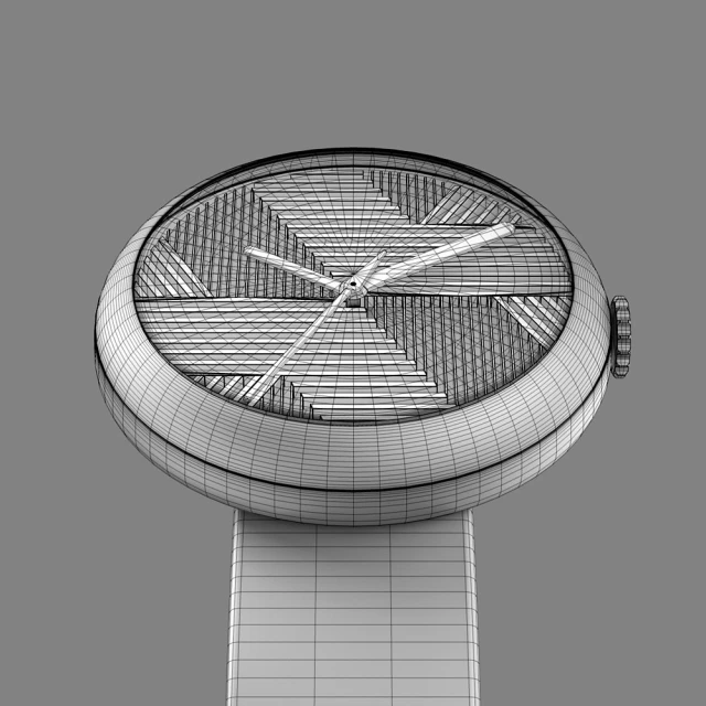 Computer-generated image of a wristwatch featuring a grey color palette and a wireframe rendering style against a neutral background.