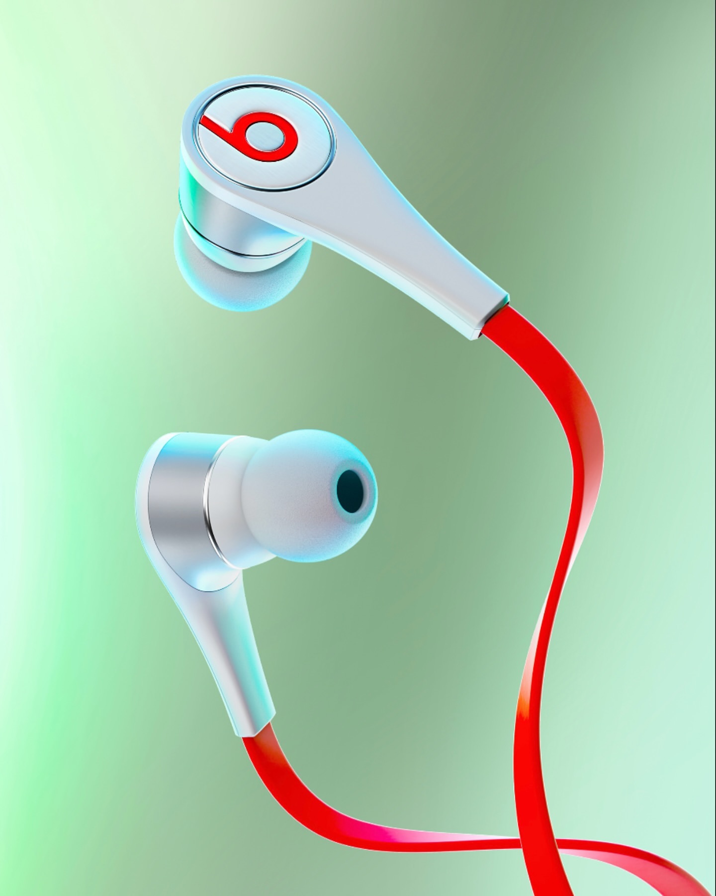 Closeup of white and silver in-ear headphones with a red cable and logo, set against a soft green gradient background.