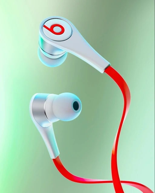 Closeup of white and silver in-ear headphones with a red cable and logo, set against a soft green gradient background.