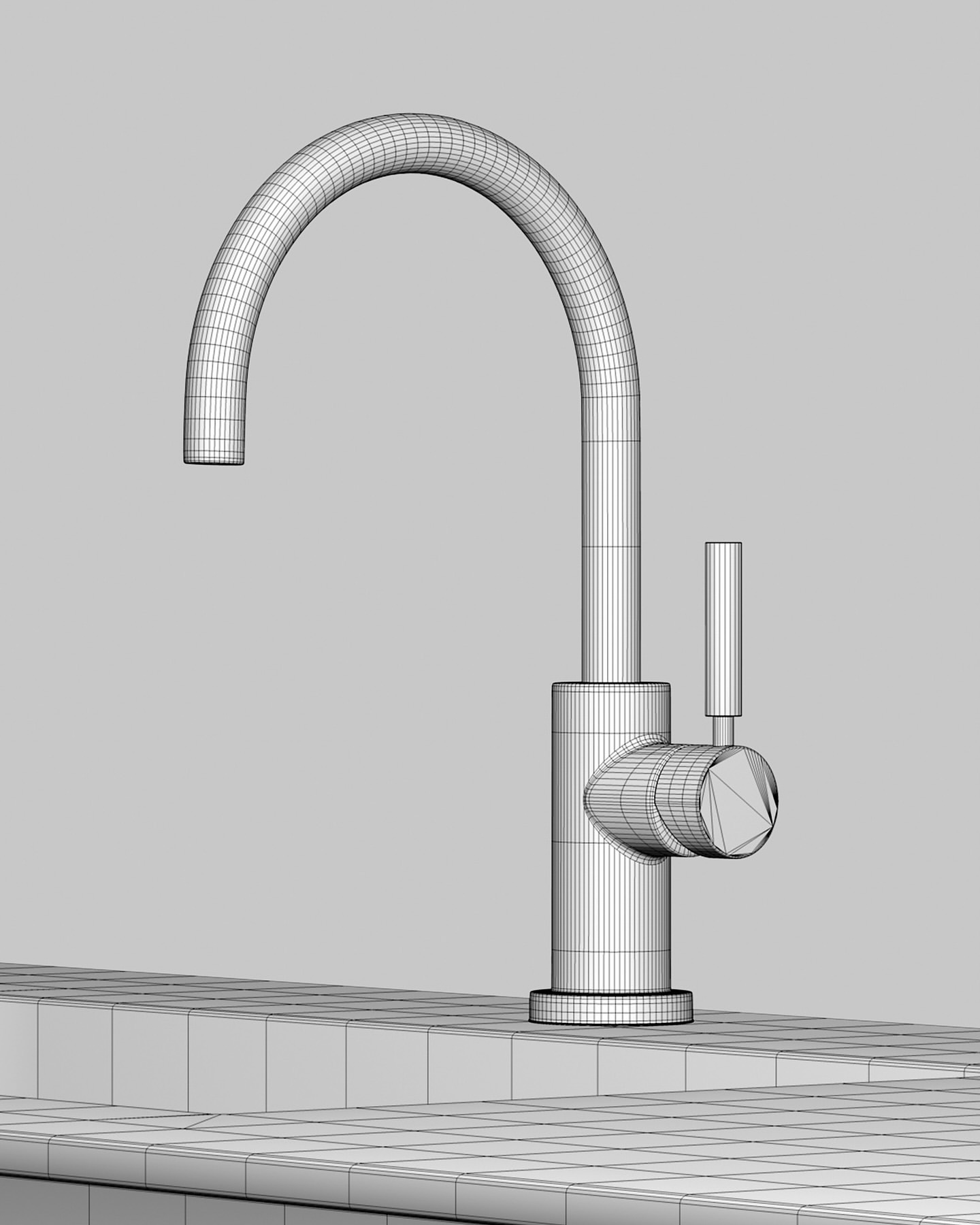 Computer-generated image of a modern faucet with a curved spout and single handle, set on a countertop against a plain background.