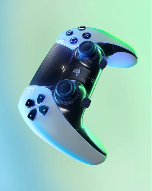 Close-up of a white and black gaming controller floating on a blurred background with shades of blue and green studio lighting.