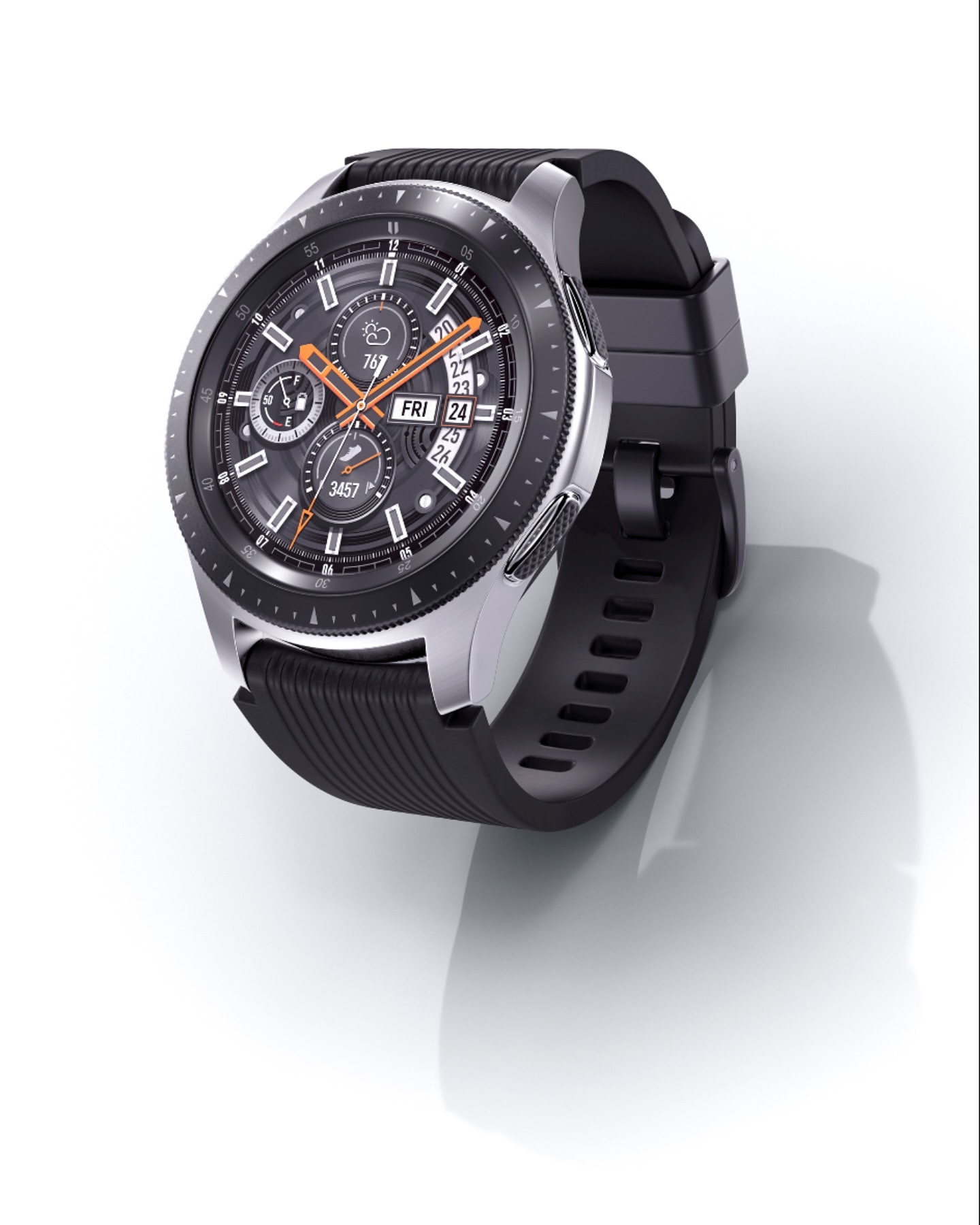 Silver and black smartwatch with black band and orange accents on a white background, angled for a clear view of the digital display.