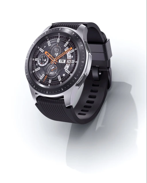 Silver and black smartwatch with black band and orange accents on a white background, angled for a clear view of the digital display.