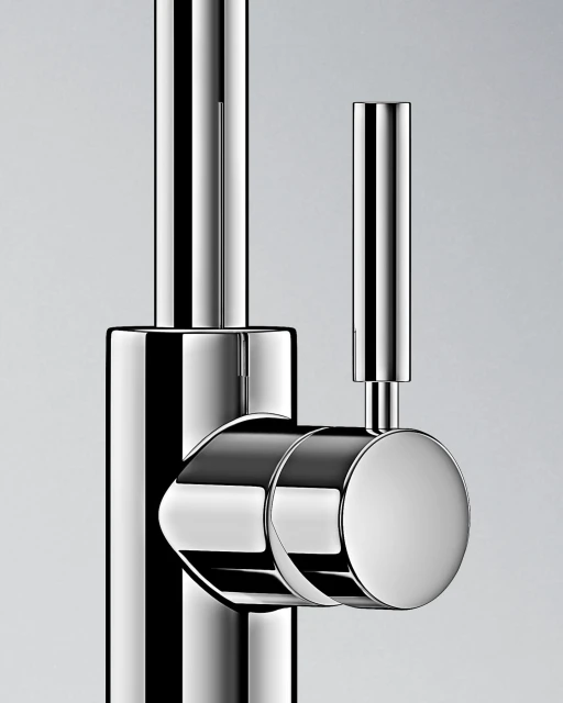 Close-up studio shot of a sleek, chrome faucet with cylindrical handle, highlighting its modern design and polished finish against a neutral background.