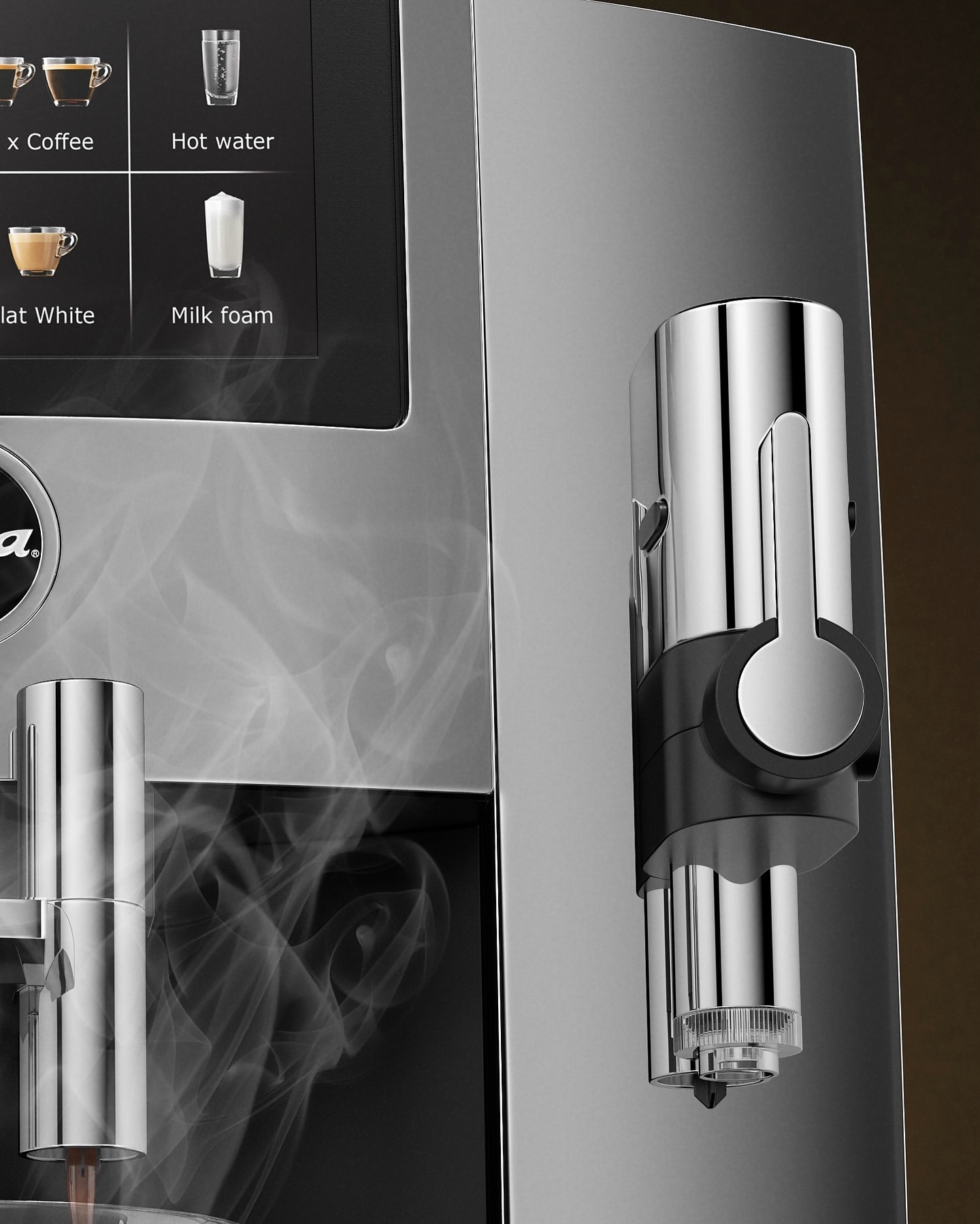 Close-up of a modern, chrome-plated coffee machine with a digital display and steam rising, highlighting its sleek design and functionality.