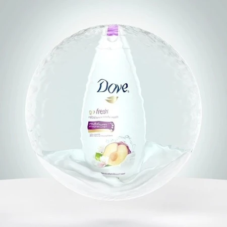 Dove body wash bottle with plum illustration inside a water bubble, promoting skincare and personal care on a light grey background.