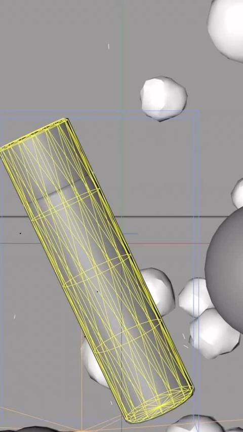 CGI rendering featuring a wireframe-style cylinder alongside white geometric shapes on a gray surface, displaying a 3D animation.