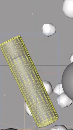 CGI rendering featuring a wireframe-style cylinder alongside white geometric shapes on a gray surface, displaying a 3D animation.