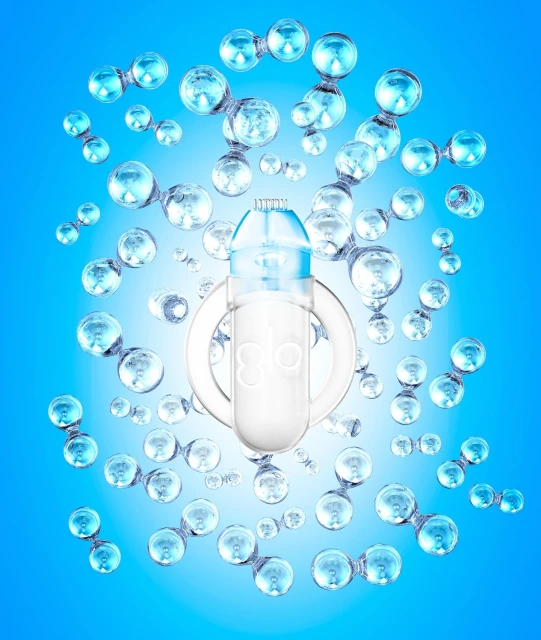 Conceptual image of a beauty device surrounded by molecular structures, presented on a soft blue gradient background, digital rendering.