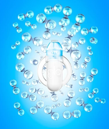 Conceptual image of a beauty device surrounded by molecular structures, presented on a soft blue gradient background, digital rendering.