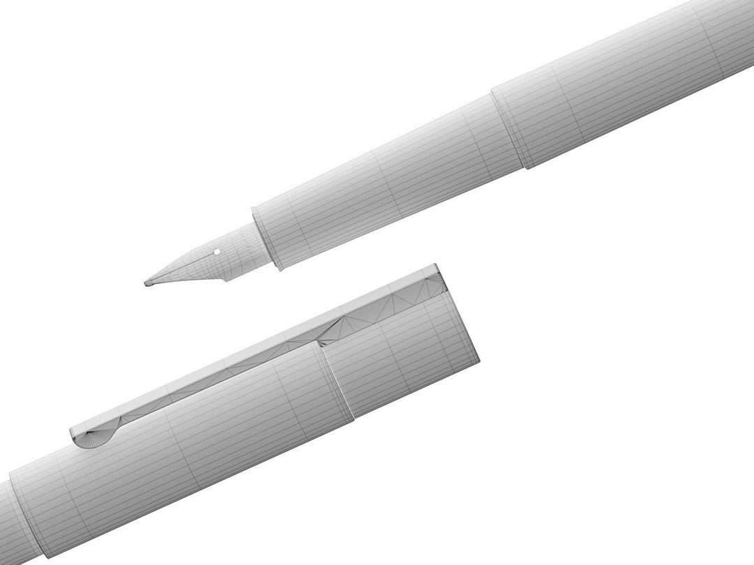 Close-up wireframe rendering of a fountain pen with the cap off, featuring a nib and distinct geometric patterns against a white background.