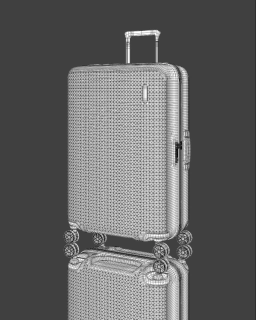 Computer-generated image shows a modern suitcase with a telescopic handle and wheels, presented on a reflective surface against a dark background.