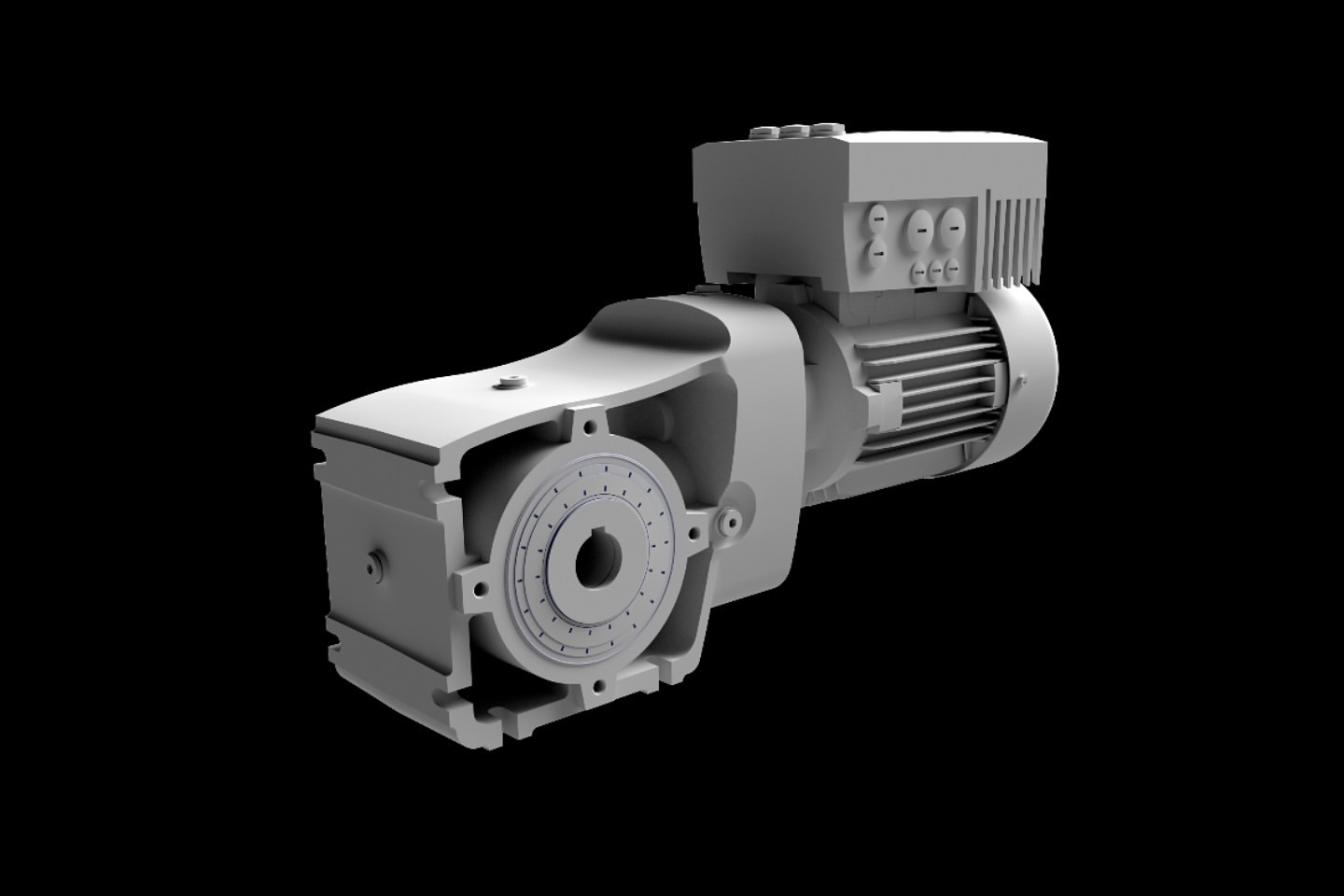 Detailed 3D rendering of a sectioned electric motor with visible internal components, set against a stark black backdrop and illuminated.