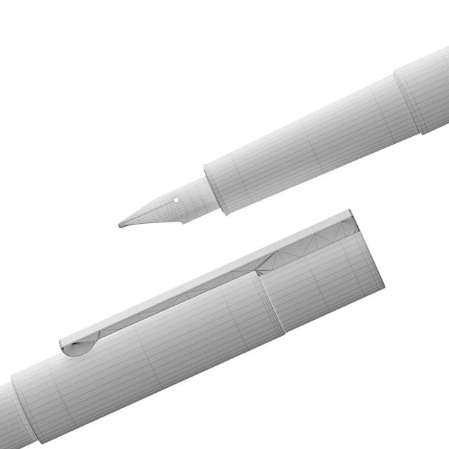 Close-up 3D render of a white fountain pen with its cap slightly separated, showcasing the pen's nib and wireframe design on a white backdrop.