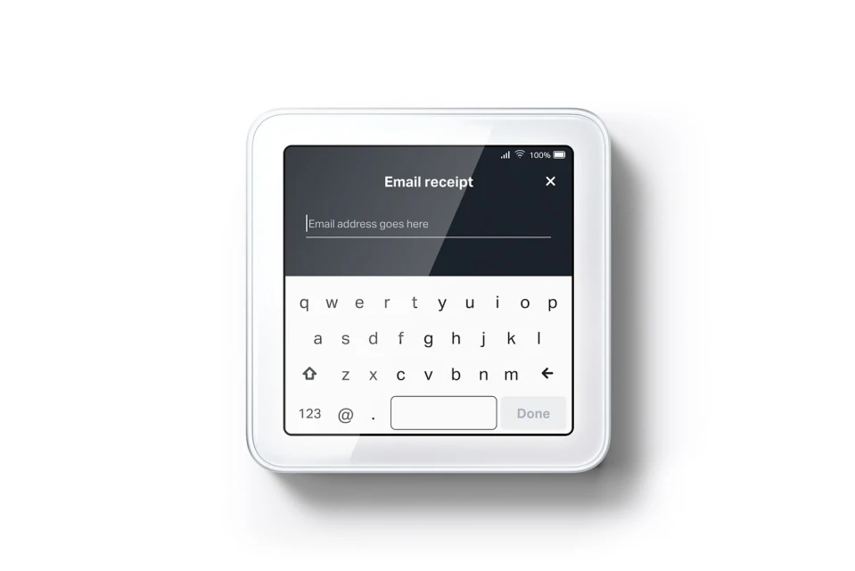 Tablet device on a white background displaying a keyboard on screen with 'Email receipt' and a field for email address input.