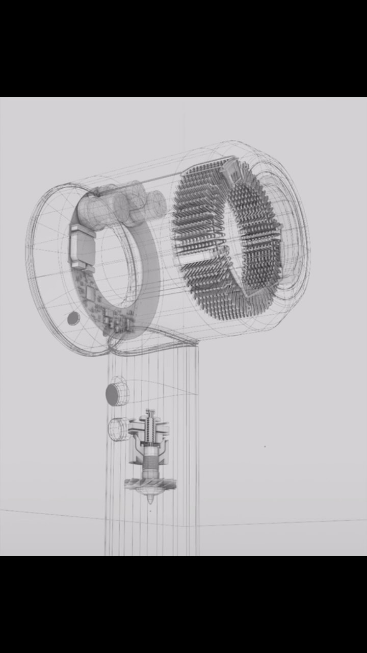 3D rendering of a hair dryer with a see-through, wireframe design against a light gray background showcasing the device's inner workings.