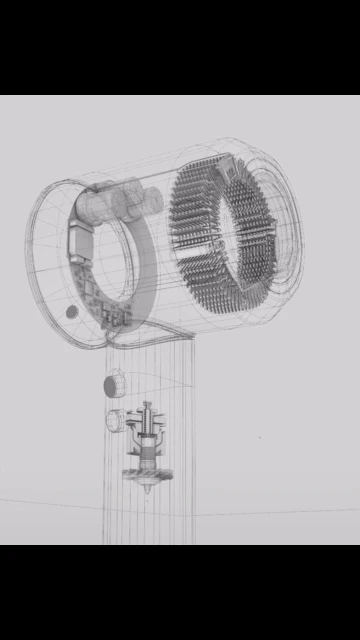 3D rendering of a hair dryer with a see-through, wireframe design against a light gray background showcasing the device's inner workings.