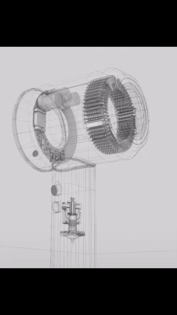 3D rendering of a hair dryer with a see-through, wireframe design against a light gray background showcasing the device's inner workings.