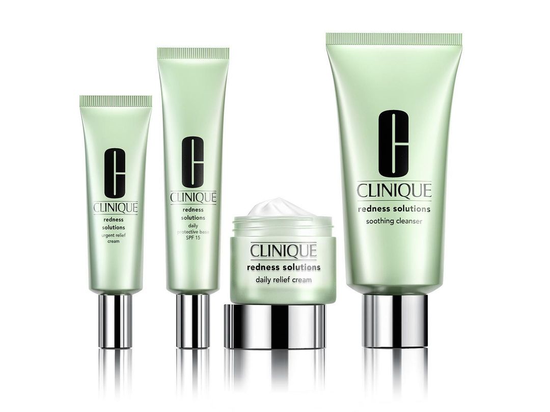 Clinique skincare product line featuring redness solutions: urgent relief cream, daily protective base SPF 15, daily relief cream, and soothing cleanser.