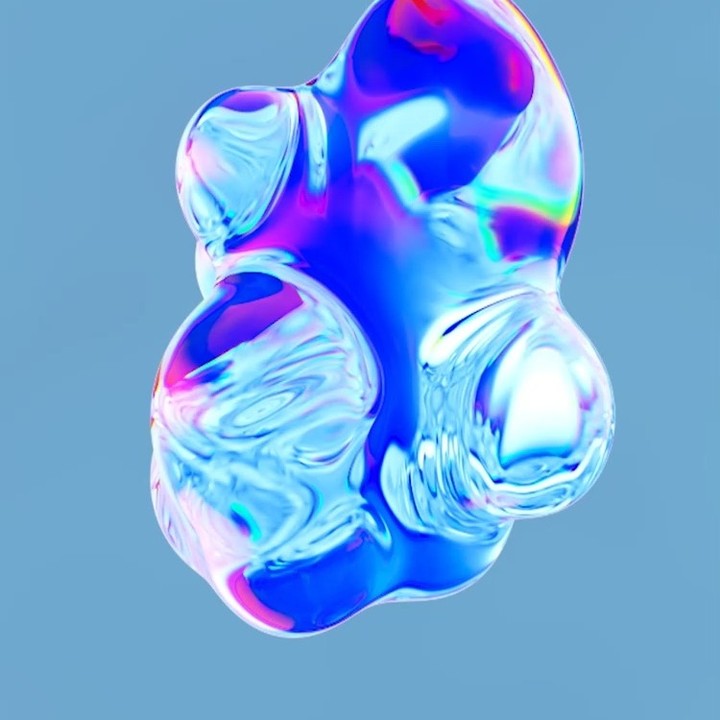 Abstract iridescent blob on a light blue background with gradients of blue, pink, and purple creating a water-like appearance.
