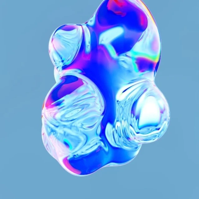 Abstract iridescent blob on a light blue background with gradients of blue, pink, and purple creating a water-like appearance.