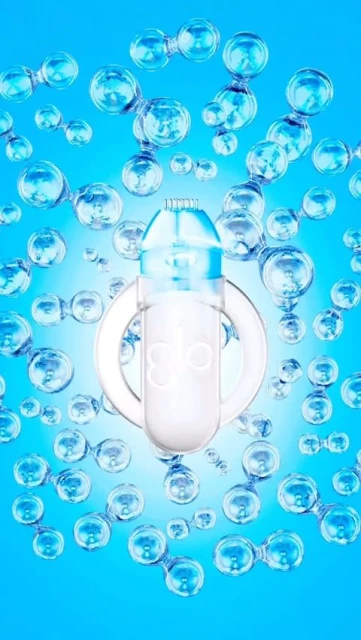 Water bottle surrounded by molecule structures in a blue gradient background, emphasizing a clean, refreshing drink presentation.