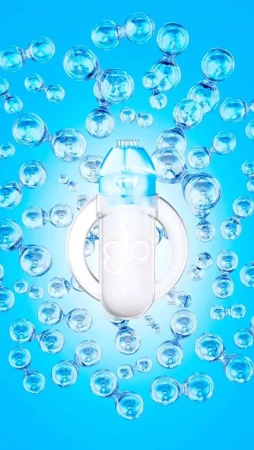 Water bottle surrounded by molecule structures in a blue gradient background, emphasizing a clean, refreshing drink presentation.