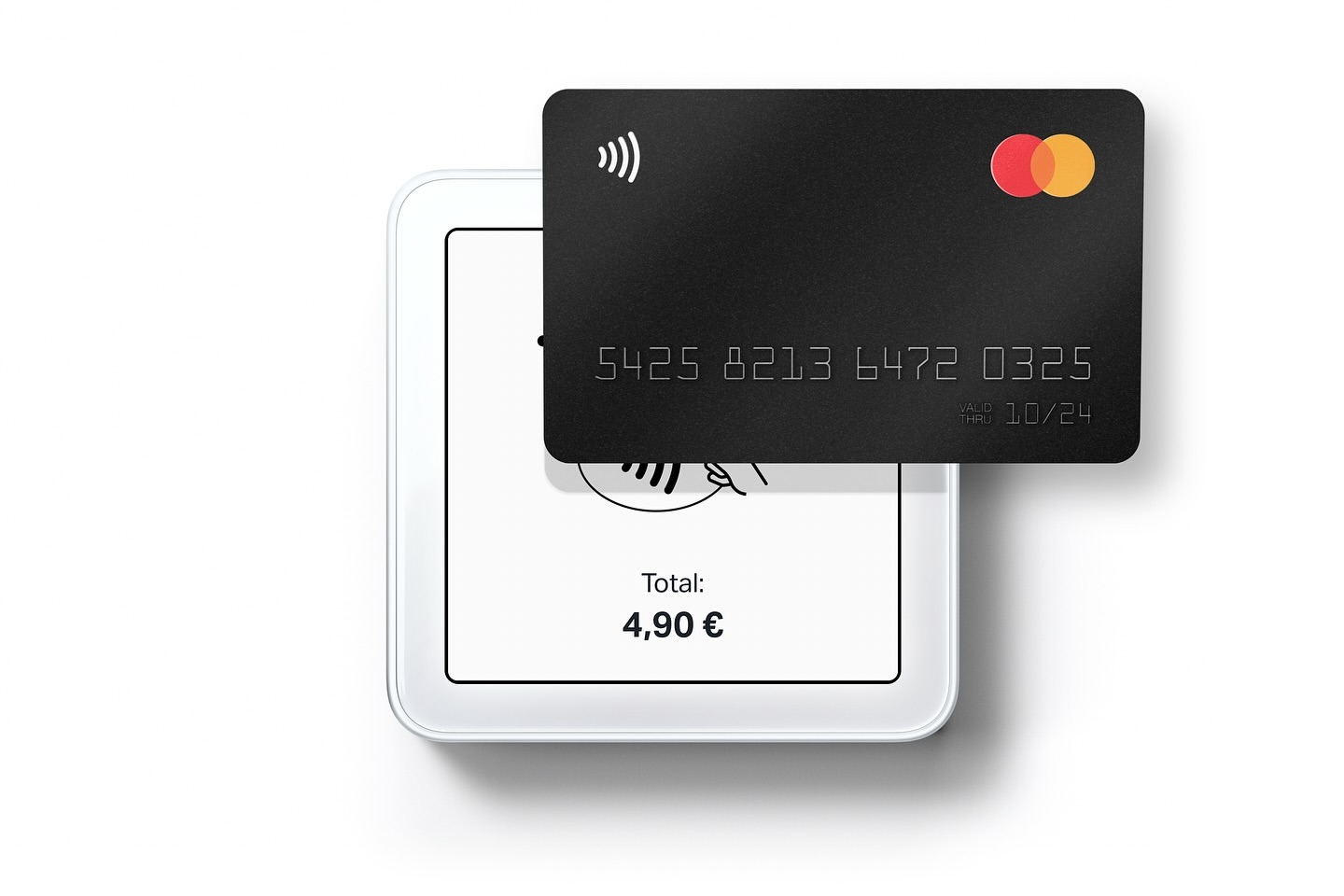 A black Mastercard credit card rests atop a white point-of-sale (POS) terminal displaying a total of 4.90 euros against a white background.