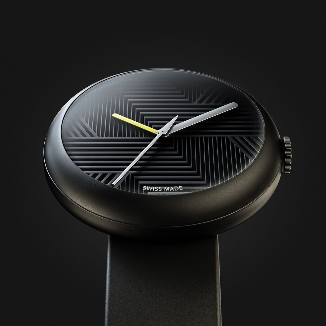 Minimalist black wristwatch featuring geometric patterns, silver hands, and a yellow second hand against a dark studio background.