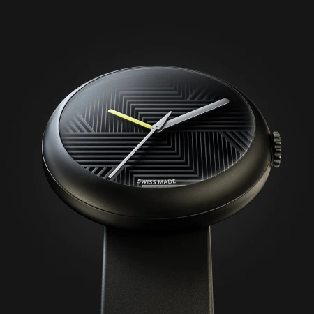 Minimalist black wristwatch featuring geometric patterns, silver hands, and a yellow second hand against a dark studio background.