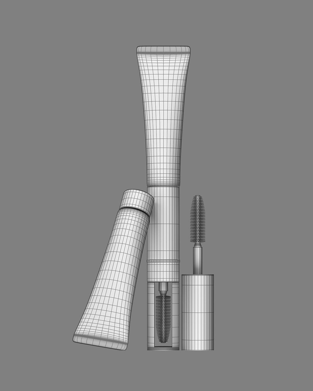 3D rendering of beauty products, featuring a mascara tube and applicator brush, set against a neutral gray background.