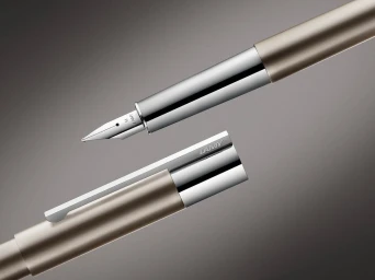 Close-up CGI product render of a metallic brown and silver Lamy fountain pen with its cap detached against a gradient background