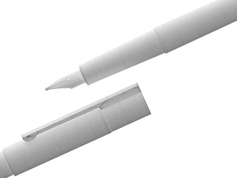 Close-up wireframe render of a fountain pen with its cap resting nearby against a plain white background