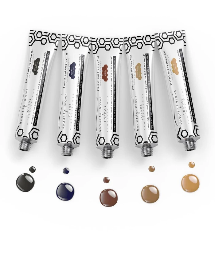 Five cosmetic tubes arranged in a fan shape with matching color drops below against a white background