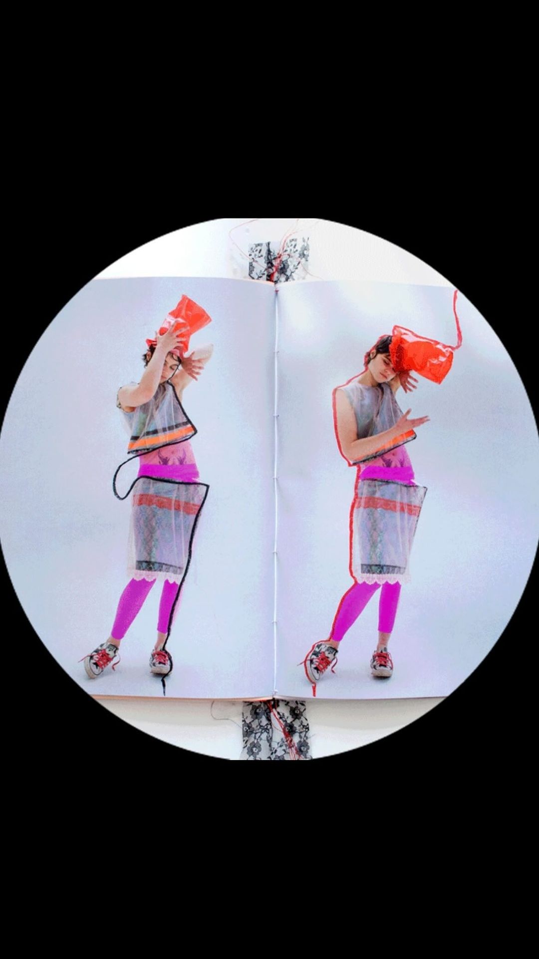 Artistic image featuring a model on a magazine spread, adorned in a translucent plastic outfit and vibrant pink leggings against white.