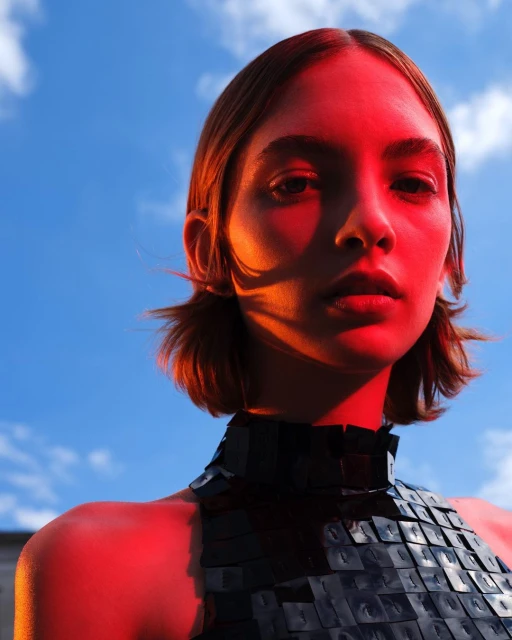 Portrait of an adult female with short hair wearing a textured dark top, posing against a bright blue sky with soft white clouds.