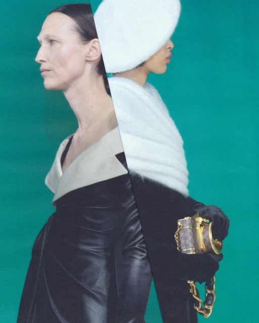 Two fashion models pose in spliced photo. One has white hat, scarf, and purse. Other wears black dress with white trim. Green background.